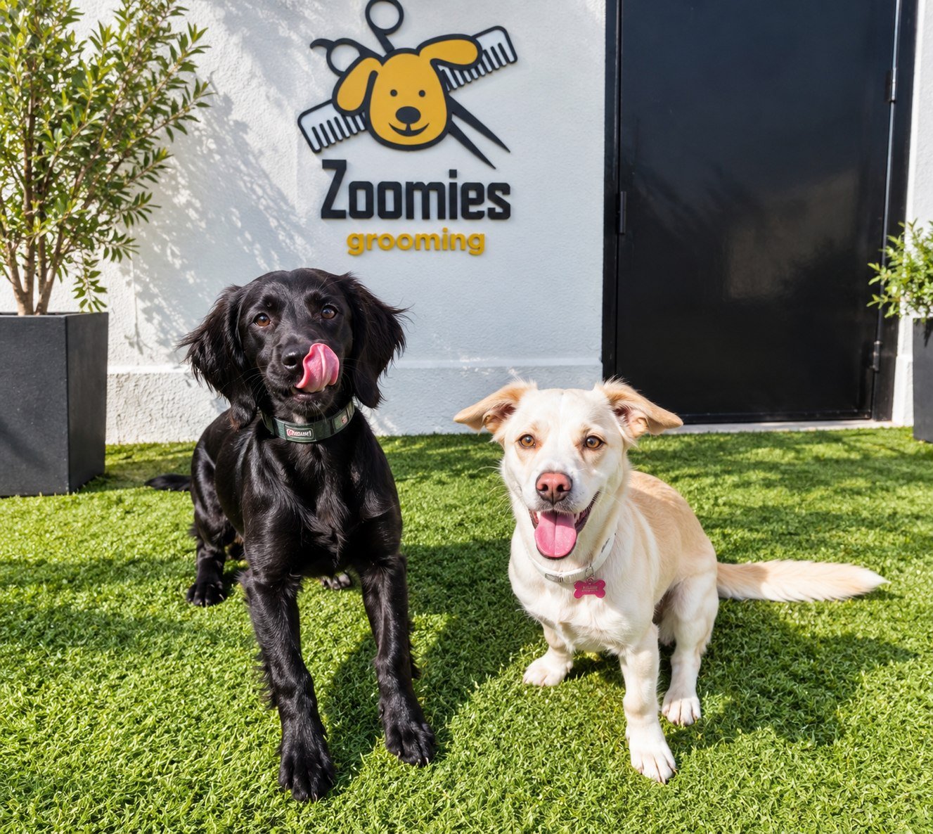 Two dogs in the Zoomies daycare yard beneath the sign