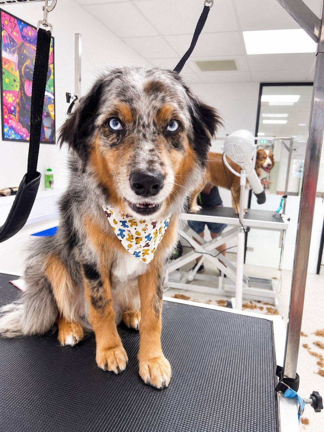 An Australian shepherd freshly groomed on the Zoomies table