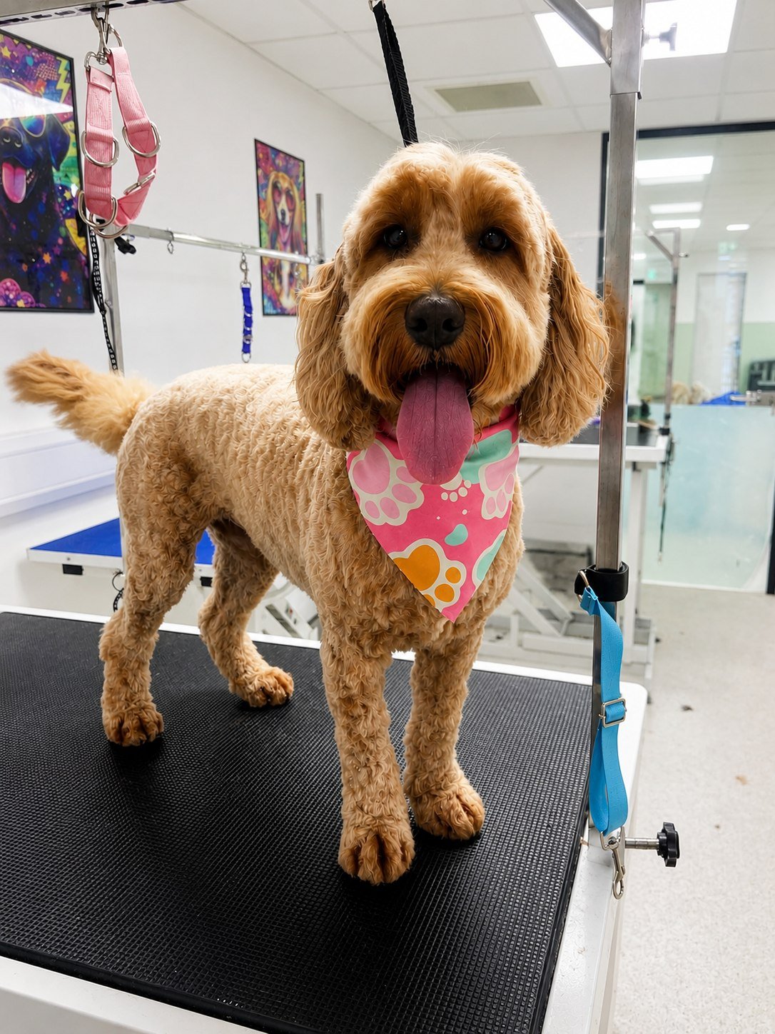 A cockapoo freshly groomed at Zoomies