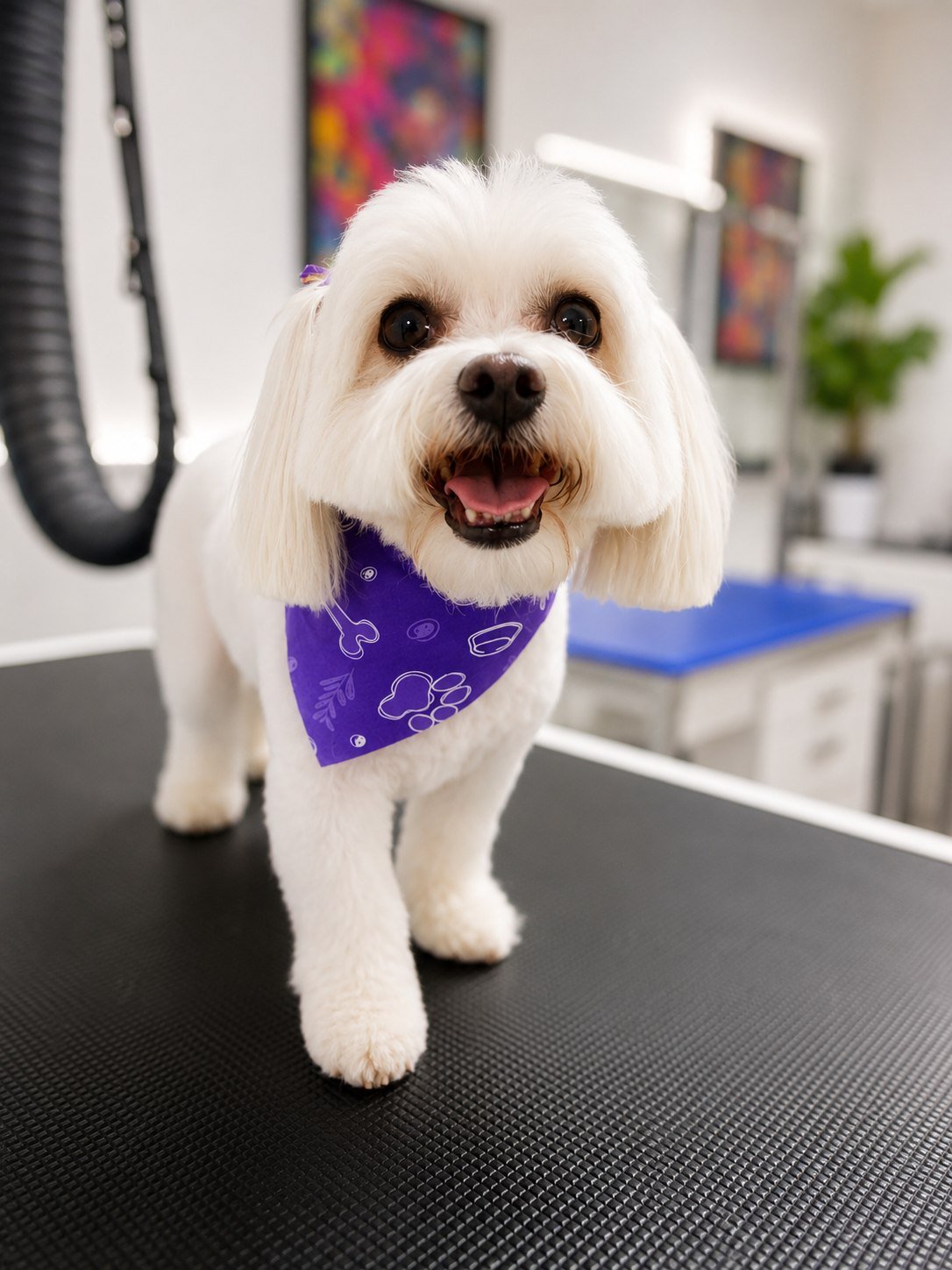 A maltese in a purple bandana after grooming
