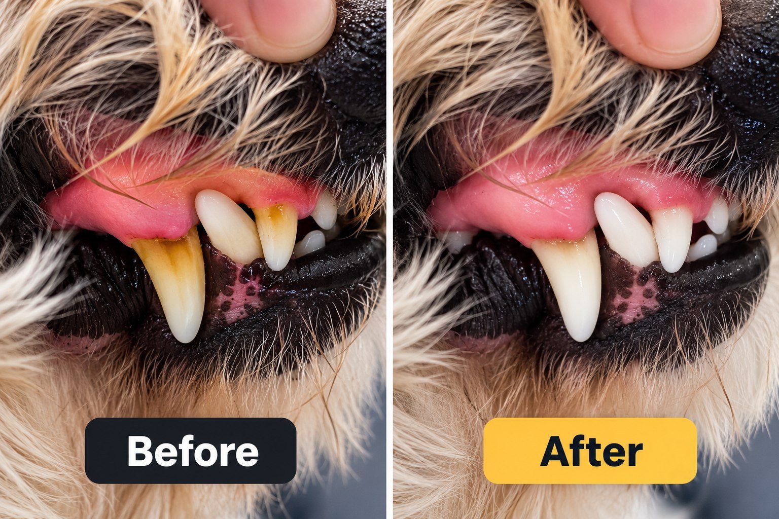 A dog’s teeth before and after Emmi-pet ultrasonic cleaning at Zoomies
