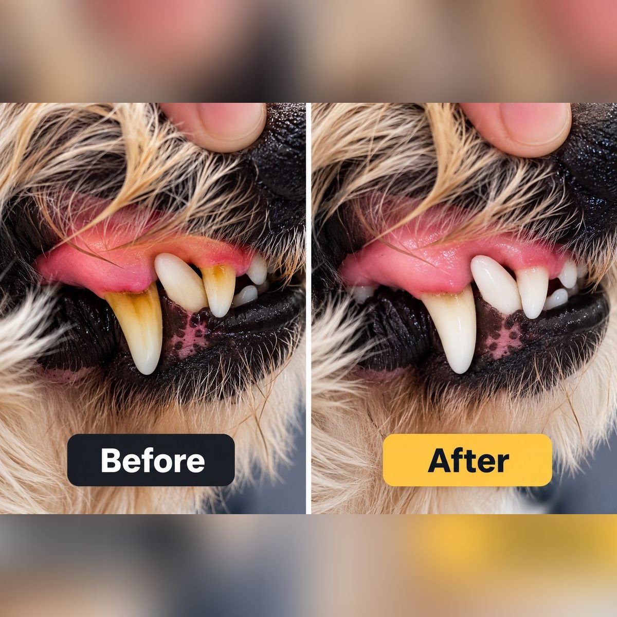 Before and after Emmi-pet ultrasonic teeth cleaning at Zoomies