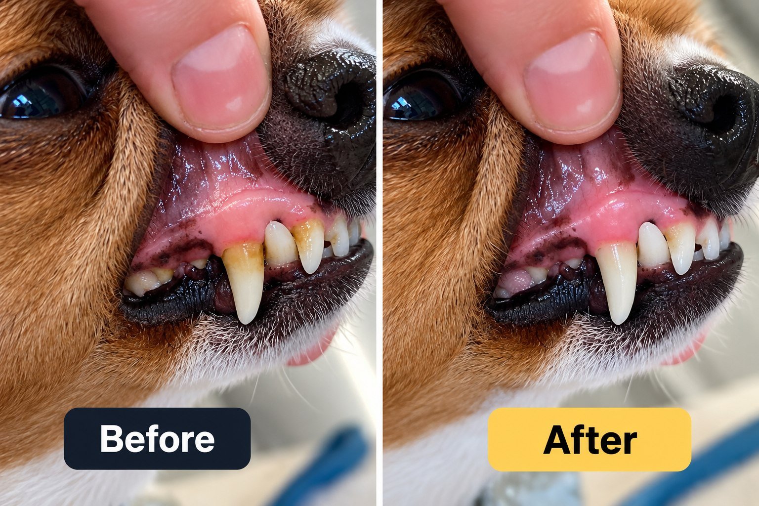 A second dog’s teeth before and after Emmi-pet ultrasonic cleaning at Zoomies